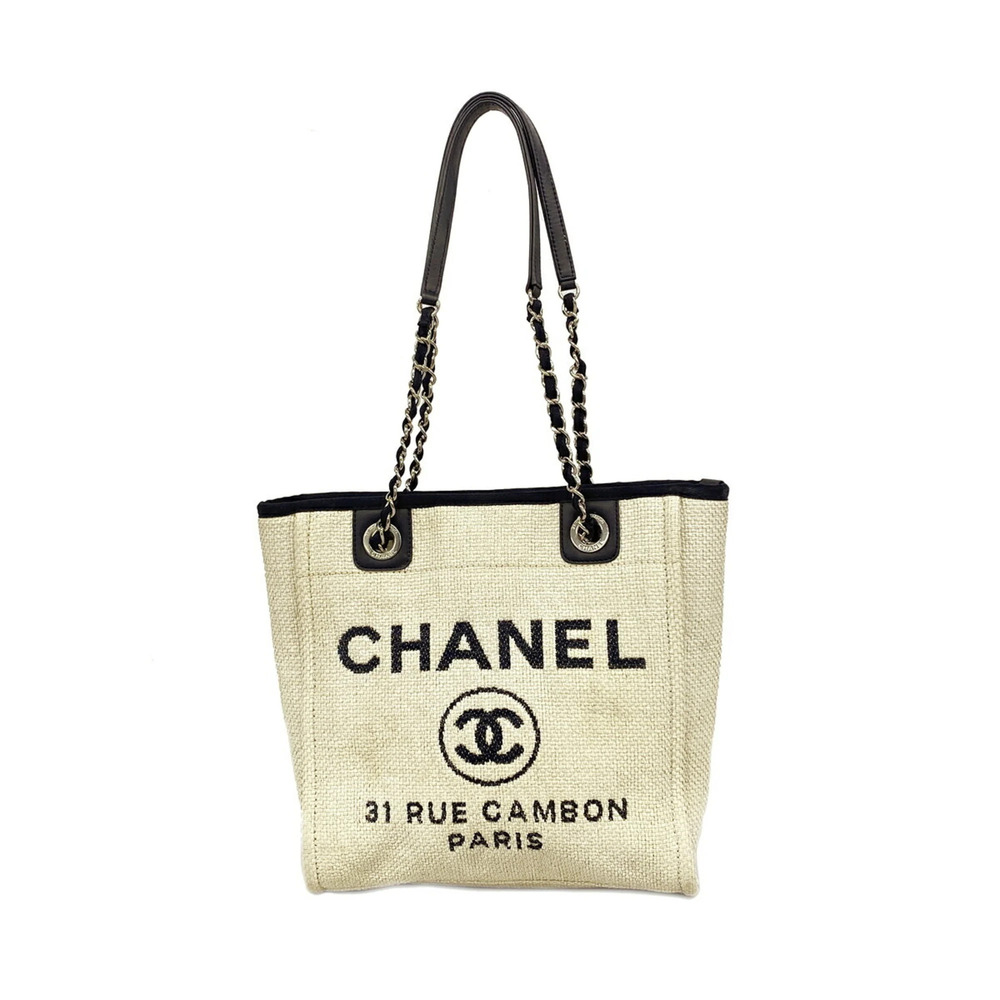 Chanel Deauville Raffia Chain Tote Bag (Ivory/Navy) - Women's P3534046